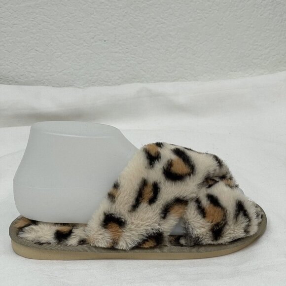 Womens Cross Band Fuzzy Slippers Open Toe Comfy Soft Plush Rubber Sole Leopard - Picture 3 of 7
